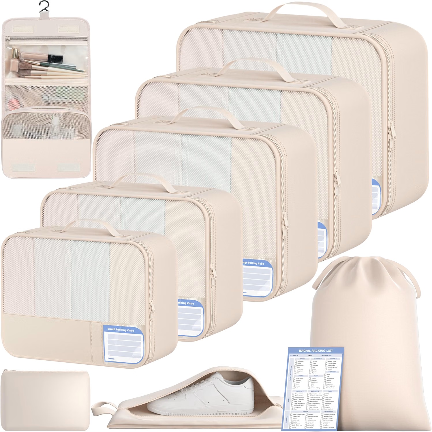 BAGAIL 9 Set Packing Cubes with Packing List – Cream